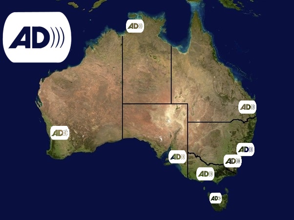Map of Australia with the AD logo superimposed over each of the states to indicate availability of AD.